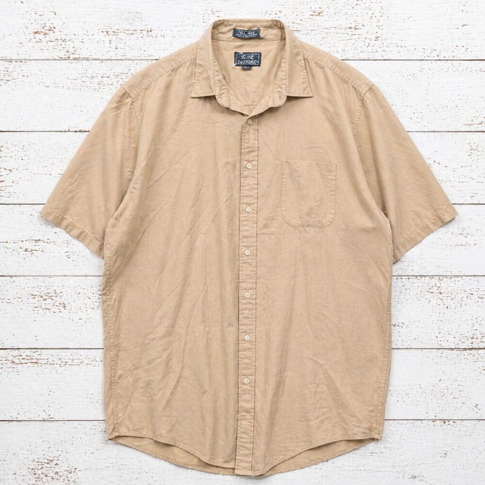 Le Tigre Mens XXL Button Up Shirt Short Sleeve Tan Lightweight Casual Workwear